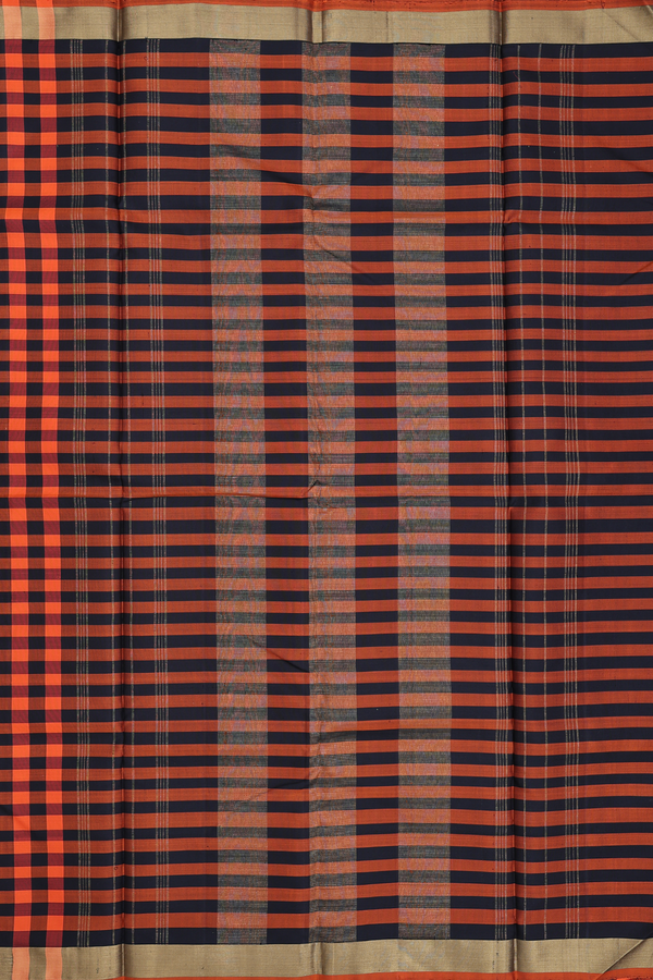 Kanchipuram Silk Saree In Black And Orange With Checks Design
