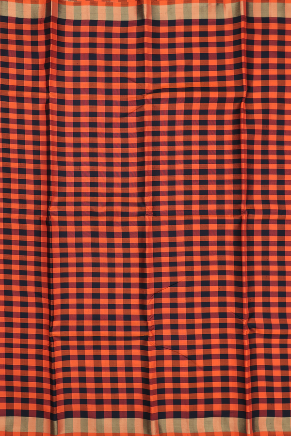 Kanchipuram Silk Saree In Black And Orange With Checks Design