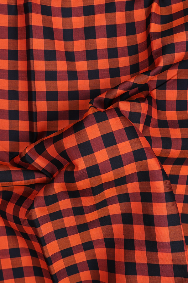 Kanchipuram Silk Saree In Black And Orange With Checks Design