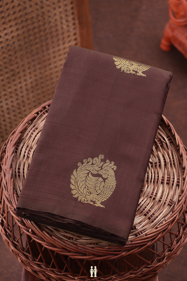 Kanchipuram Silk Saree In Walnut Brown With Peacock Motifs