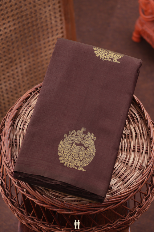 Kanchipuram Silk Saree In Walnut Brown With Peacock Motifs