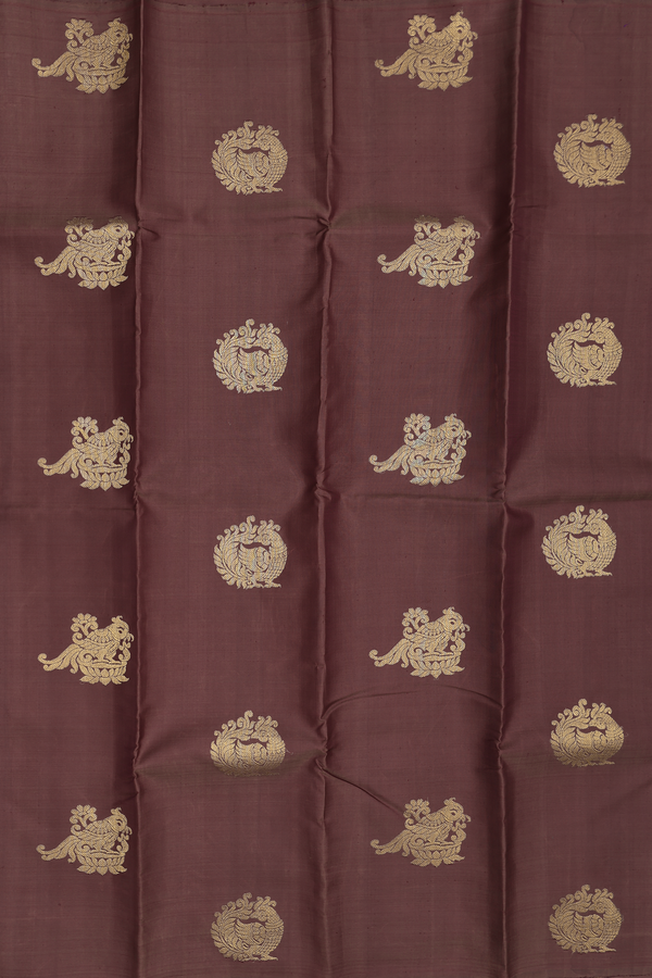 Kanchipuram Silk Saree In Walnut Brown With Peacock Motifs