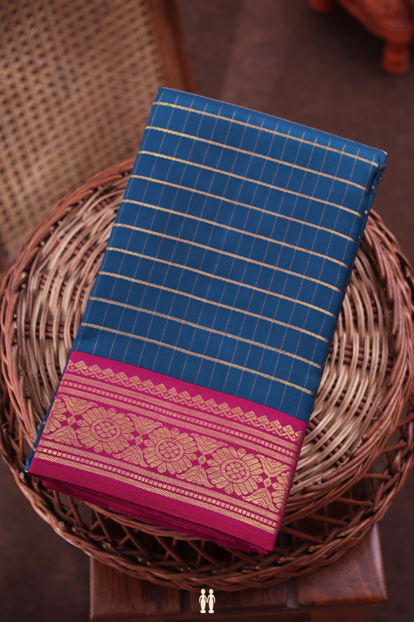 Kanchipuram Silk Saree In Prussian Blue With Checks Design
