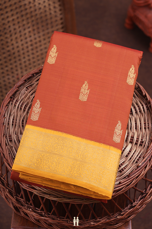 Kanchipuram Silk Saree In Rust Orange With Zari Buttas