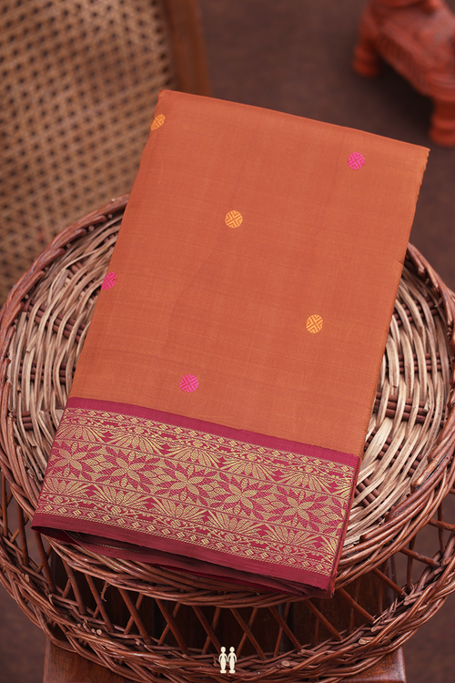 Kanchipuram Silk Saree In Copper Brown With Rudraksh Buttas