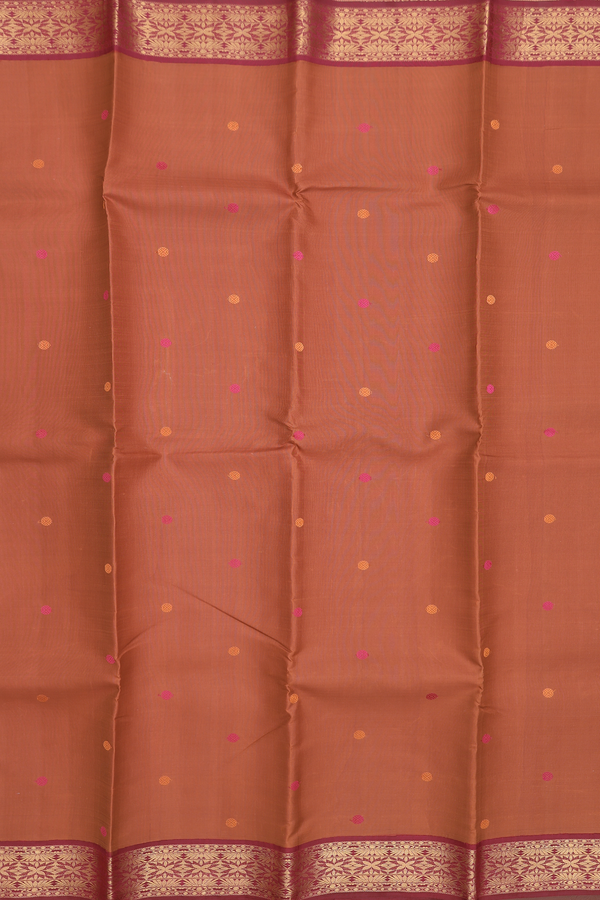 Kanchipuram Silk Saree In Copper Brown With Rudraksh Buttas