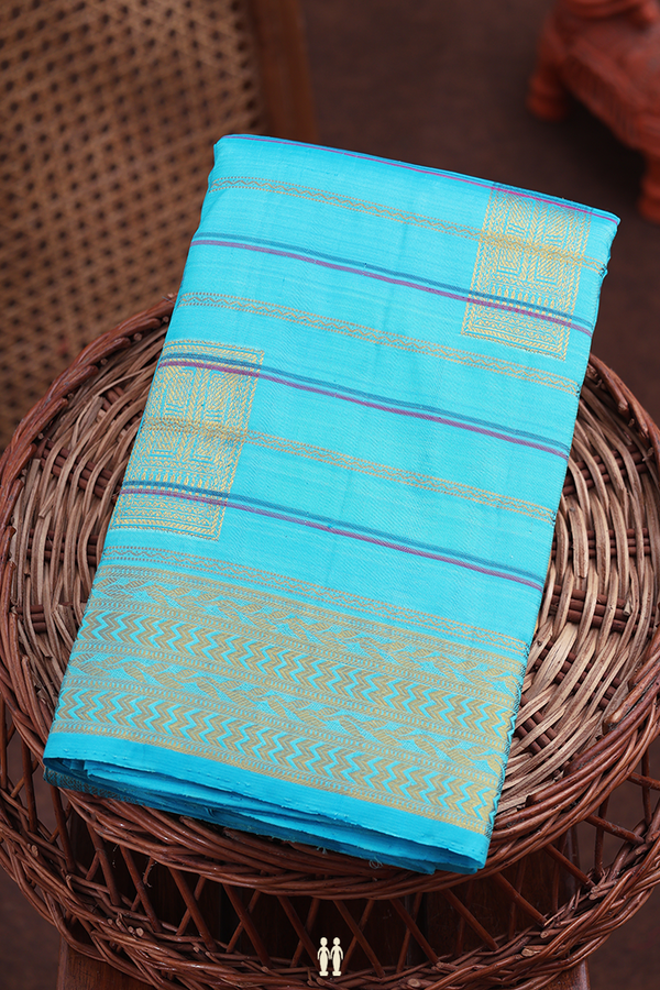 Kanchipuram Silk Saree In Blue With Stripes Design