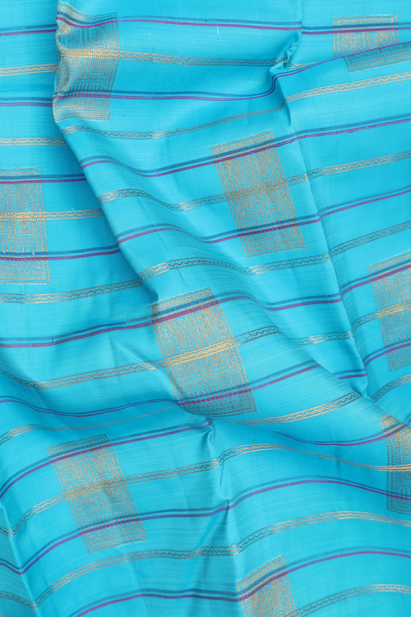 Kanchipuram Silk Saree In Blue With Stripes Design