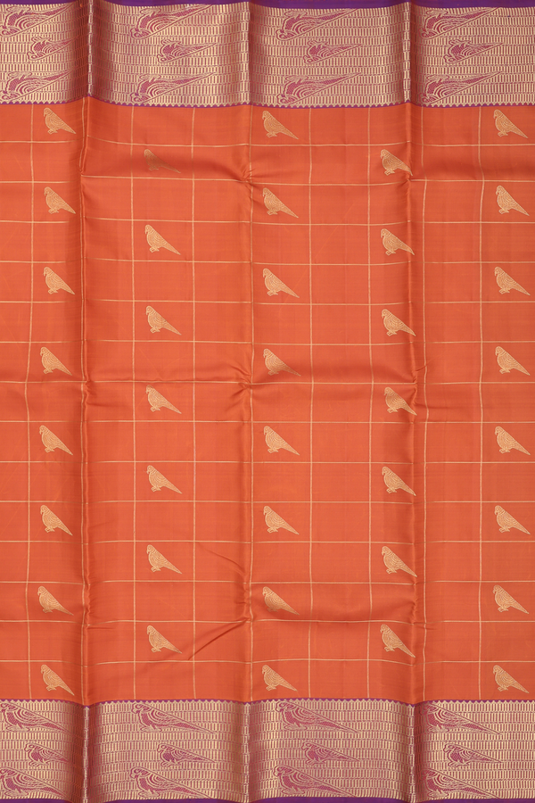 Kanchipuram Silk Saree In Rust Orange With Checks Design
