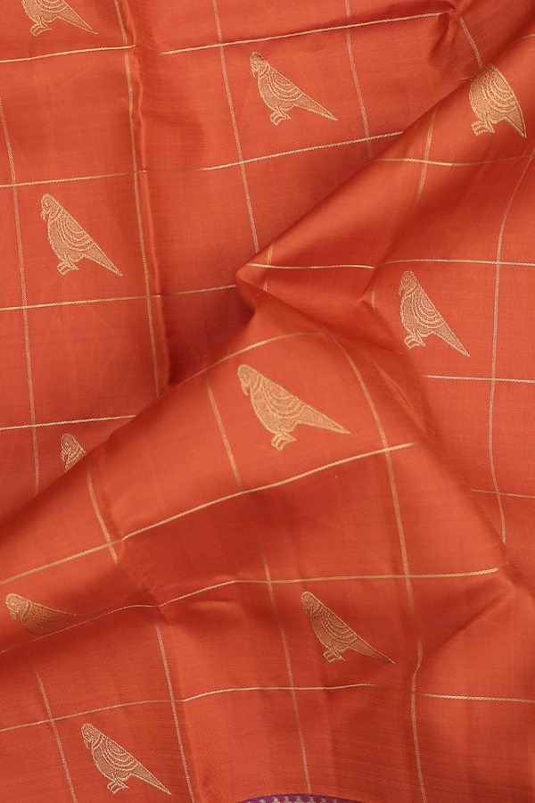 Kanchipuram Silk Saree In Rust Orange With Checks Design