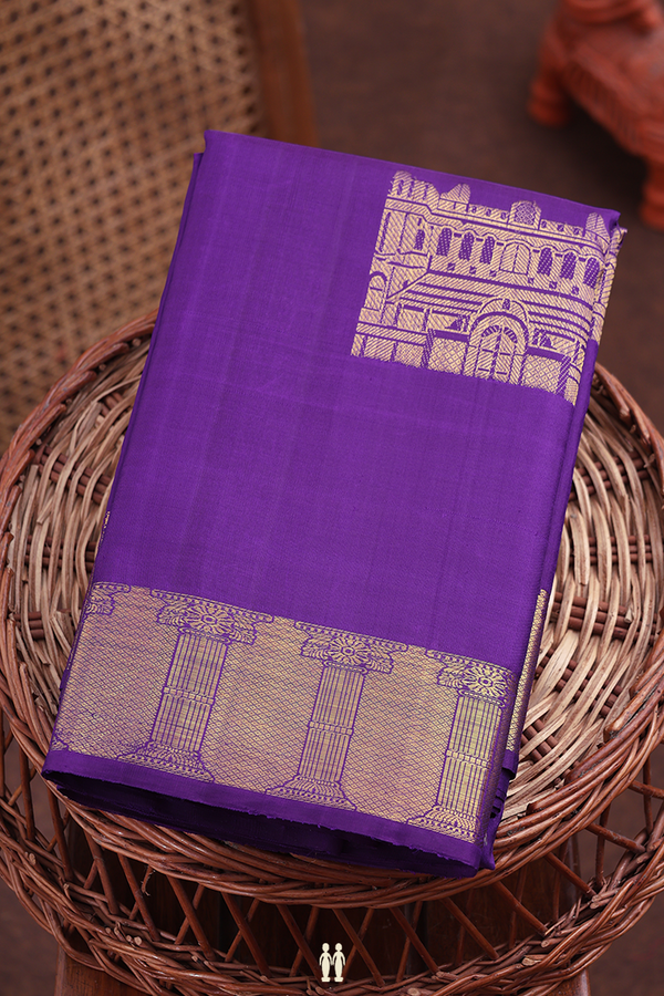 Kanchipuram Silk Saree In Purple With Chettinad Mahal Motifs