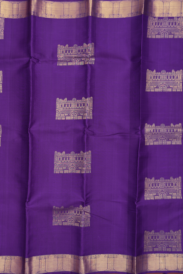 Kanchipuram Silk Saree In Purple With Chettinad Mahal Motifs