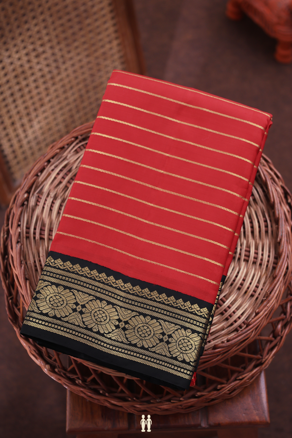 Kanchipuram Silk Saree In Chilli Red With Stripes Design