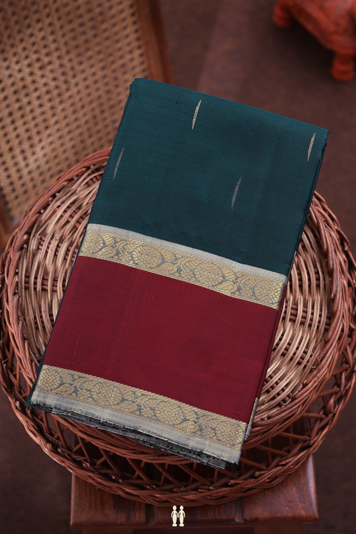 Kanchipuram Silk Saree In Prussian Blue With Malli Moggu BUttas