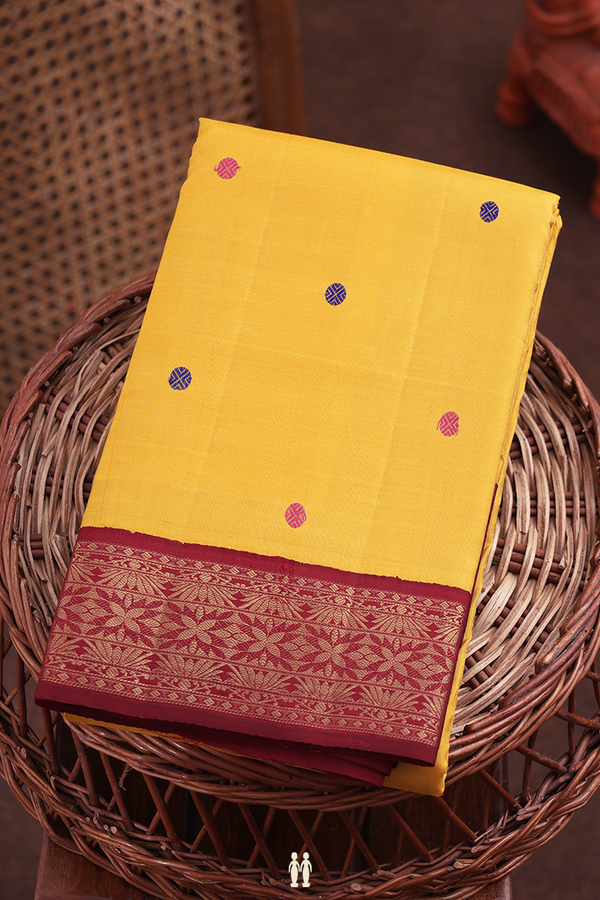 Kanchipuram Silk Saree In Saffron Yellow With Rudraksh Buttas