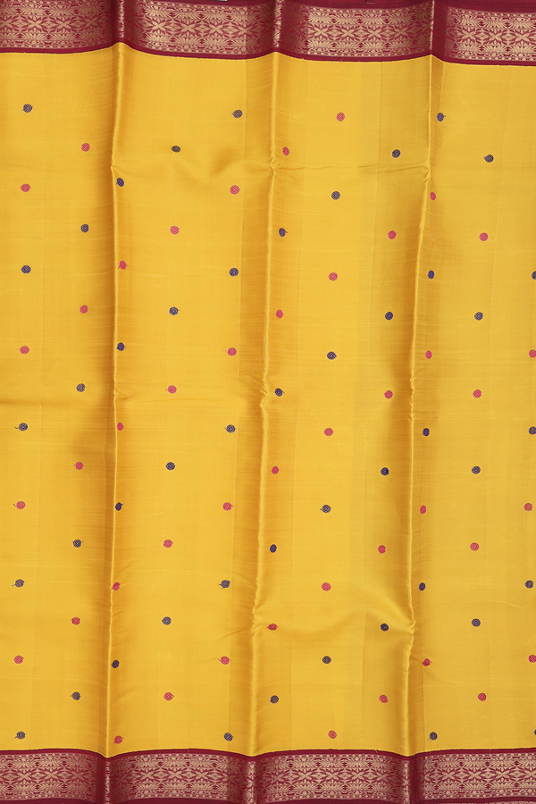 Kanchipuram Silk Saree In Saffron Yellow With Rudraksh Buttas