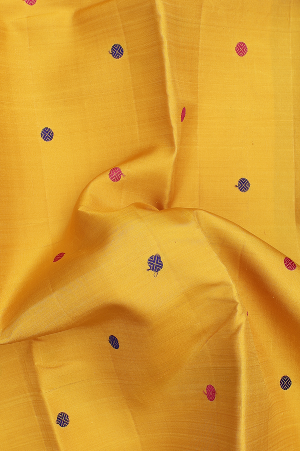 Kanchipuram Silk Saree In Saffron Yellow With Rudraksh Buttas