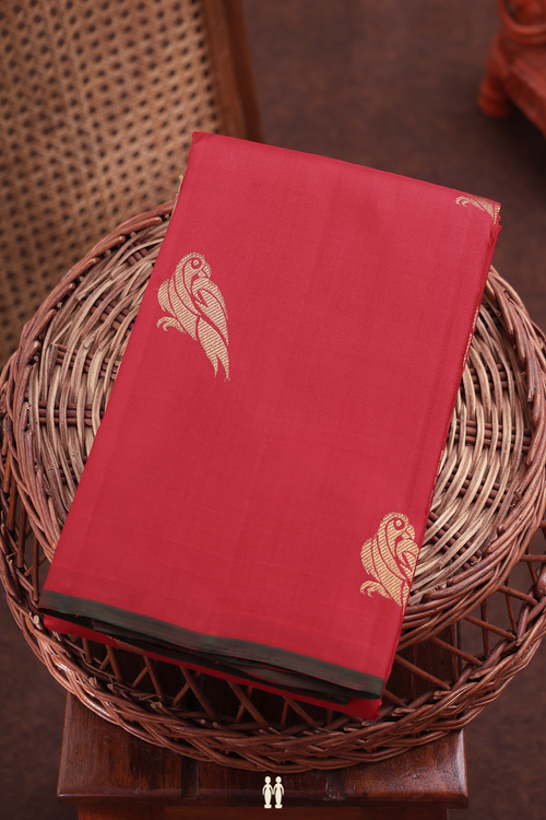 Kanchipuram Silk Saree In Red With Parrot Buttas
