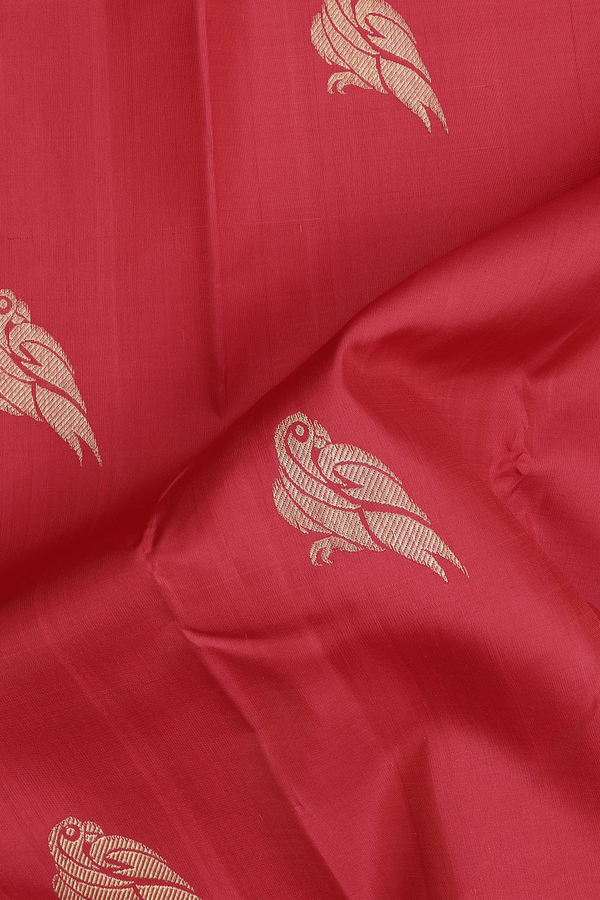 Kanchipuram Silk Saree In Red With Parrot Buttas
