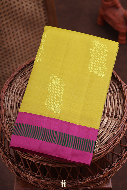 Kanchipuram Silk Saree Olive Yellow With Threadwork Motifs