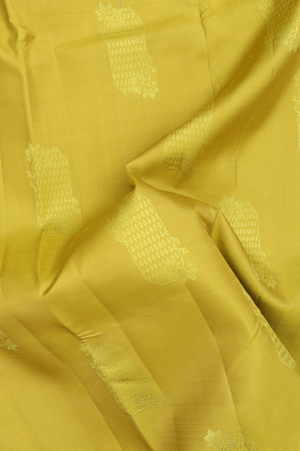 Kanchipuram Silk Saree Olive Yellow With Threadwork Motifs