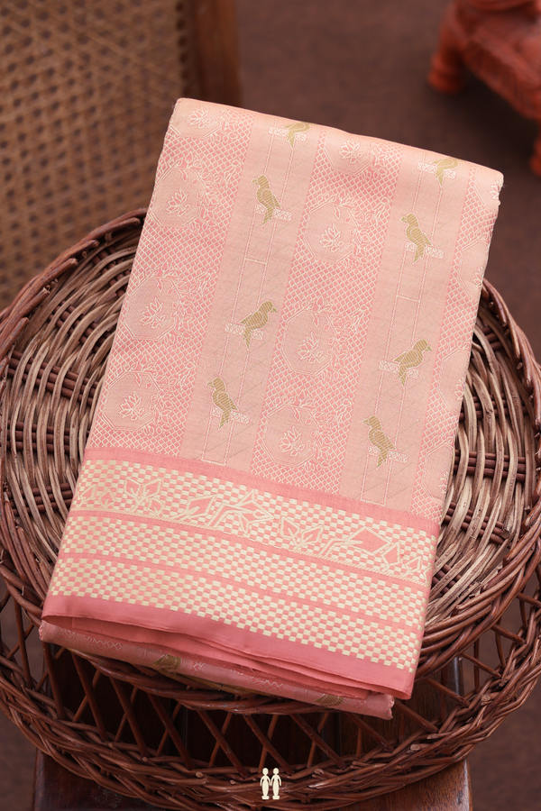 Kanchipuram Silk Saree In Pink With Parrot Design