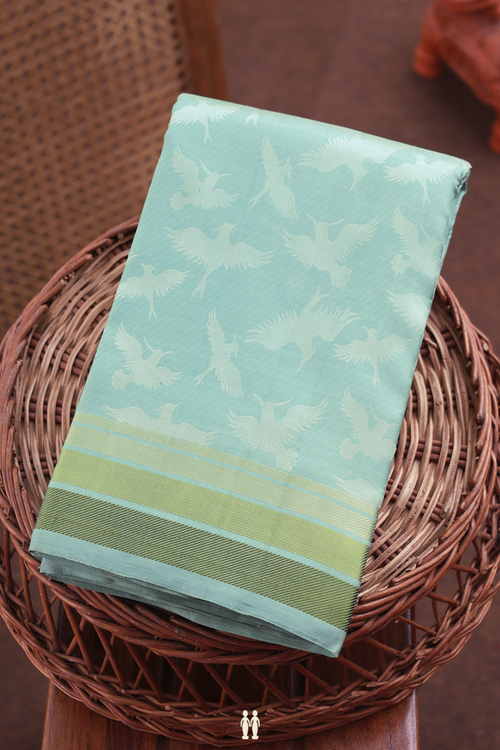 Kanchipuram Silk Saree In Mint Blue With Birds Design