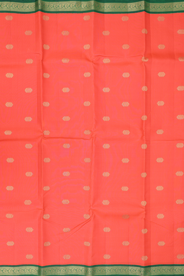 Kanchipuram Silk Saree In Coral Orange With Zari Buttas