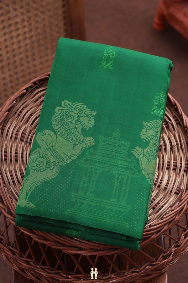 Kanchipuram Silk Saree In Emerald Green With Threadwork Buttas