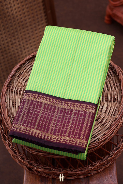 Kanchipuram Silk Saree In Green And Yellow With Stripes Design
