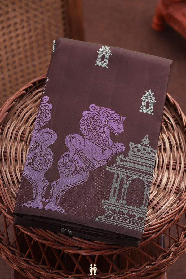 Kanchipuram Silk Saree In Coffee Brown With Temple Buttas