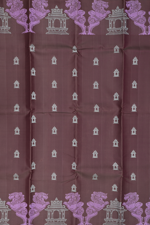 Kanchipuram Silk Saree In Coffee Brown With Temple Buttas
