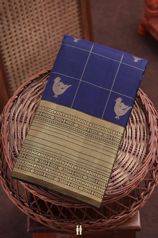 Kanchipuram Silk Saree In Navy Blue With Checks Design