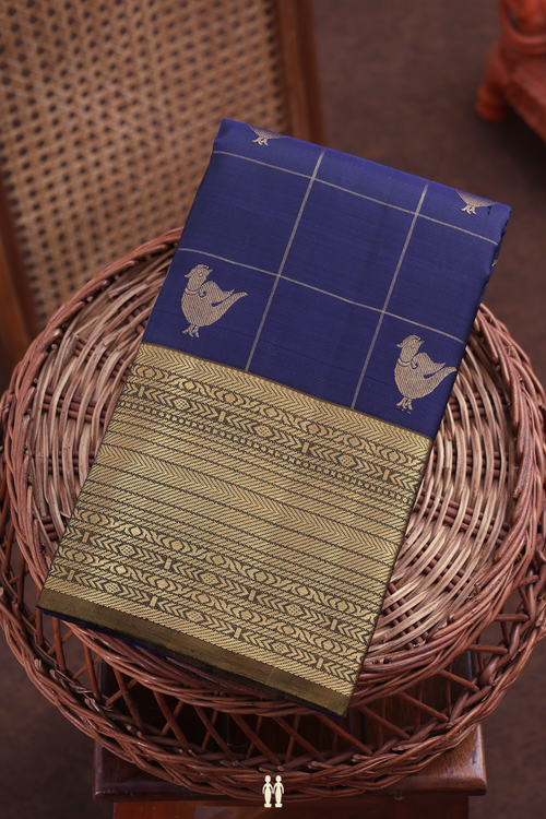Kanchipuram Silk Saree In Navy Blue With Checks Design