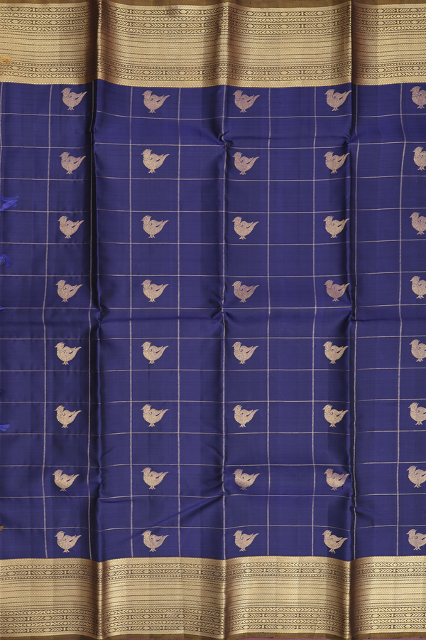Kanchipuram Silk Saree In Navy Blue With Checks Design