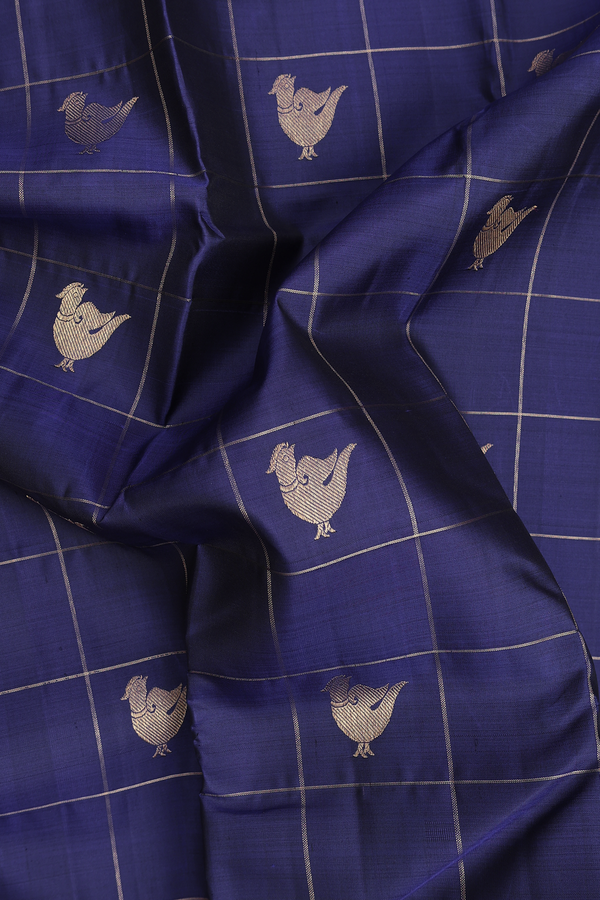 Kanchipuram Silk Saree In Navy Blue With Checks Design