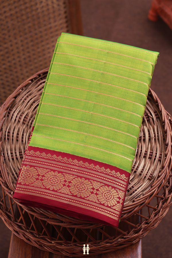 Kanchipuram Silk Saree In Parrot Green With Stripes Design
