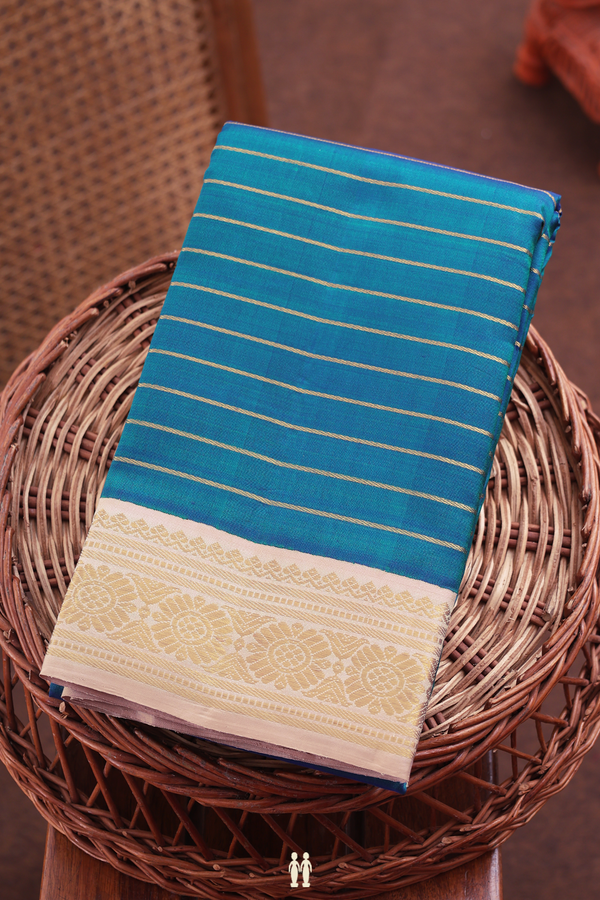 Kanchipuram Silk Saree In Teal Blue With Stripes Design