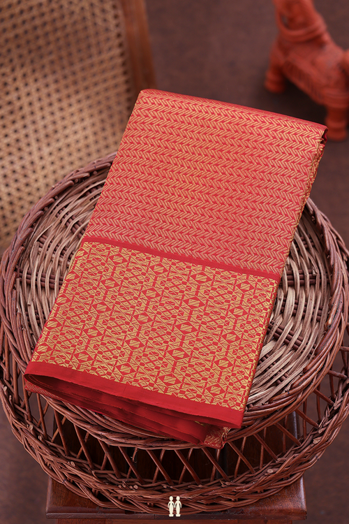 Kanchipuram Silk Saree In Red With Geometric Design