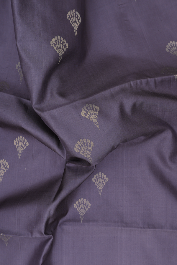 Soft Silk Saree In Greyish Purple With Zari Buttas