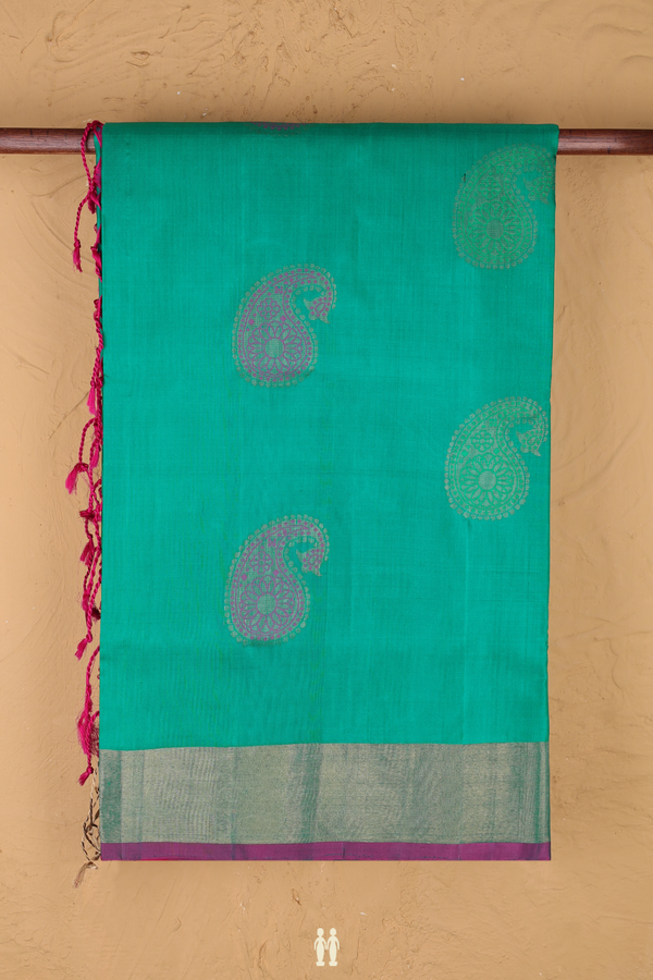 Soft Silk Saree In Green With Paisley Motifs