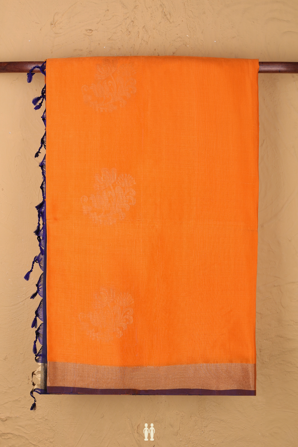 Soft Silk Saree In Bright Orange With Floral Motifs