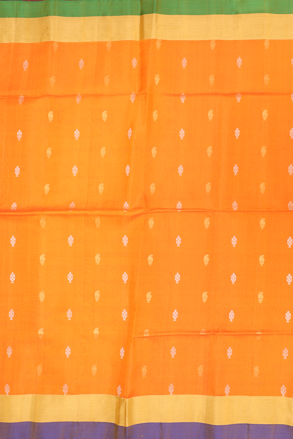 Soft Silk Saree In Bright Orange With Paisley Buttas