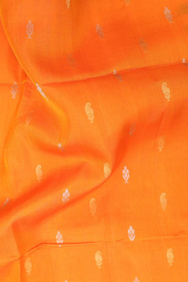 Soft Silk Saree In Bright Orange With Paisley Buttas