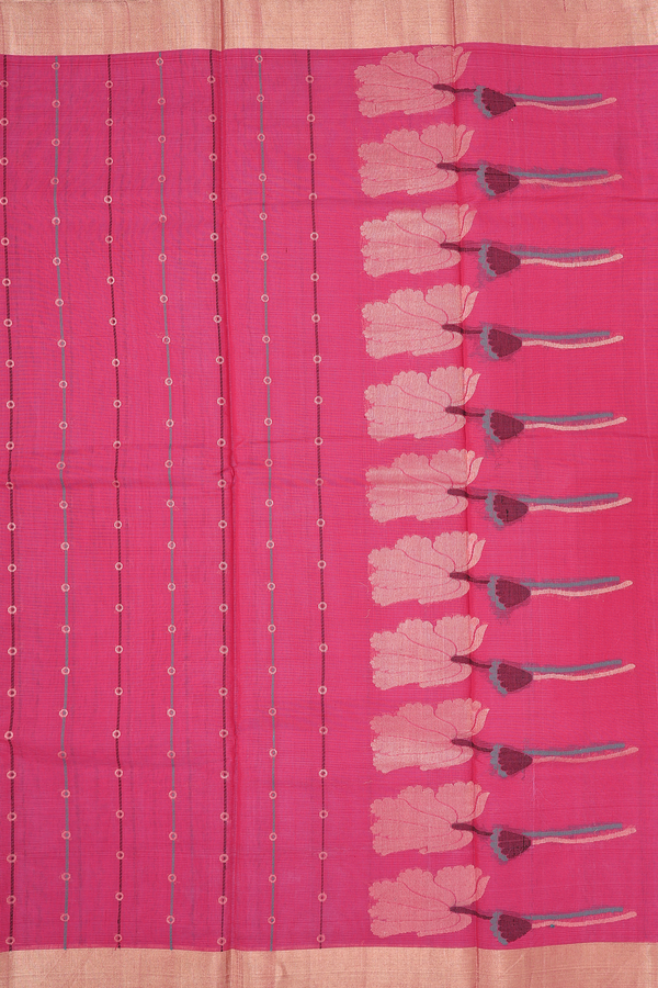 Kora Silk Cotton Saree In Rani Pink With Stripes Design