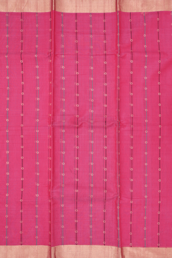 Kora Silk Cotton Saree In Rani Pink With Stripes Design