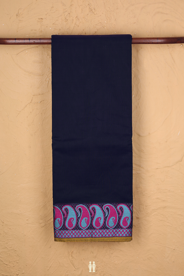 Kora Silk Cotton Saree In Plain Navy Blue With Paisley Border