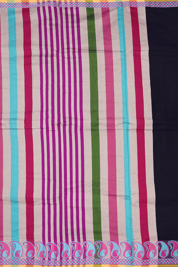 Kora Silk Cotton Saree In Plain Navy Blue With Paisley Border