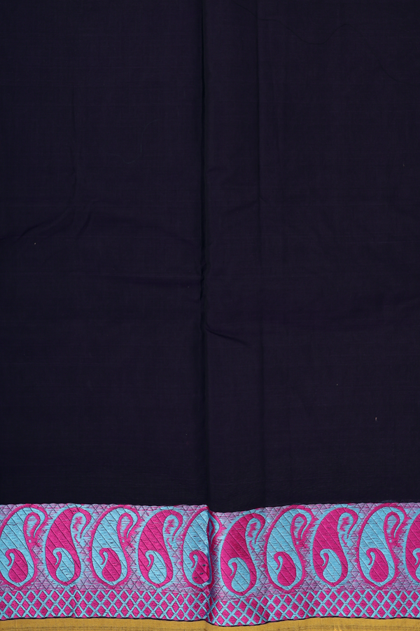 Kora Silk Cotton Saree In Plain Navy Blue With Paisley Border