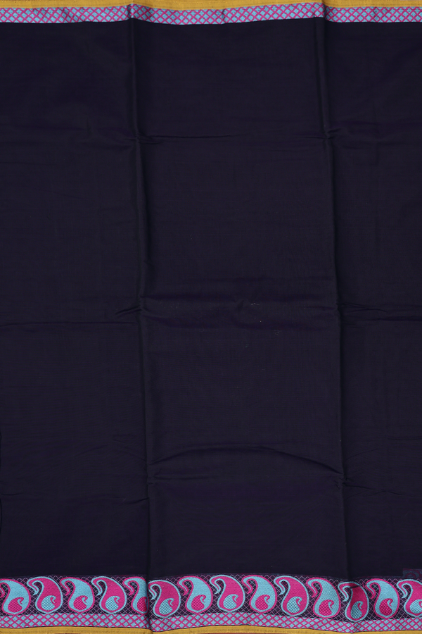 Kora Silk Cotton Saree In Plain Navy Blue With Paisley Border